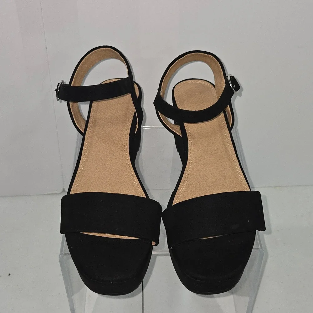 ASOS Shoes Womens 7 Black Faux Suede Platform Wedge Sandals Ankle Strap AC678